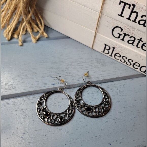Earrings Pierced Drop Hoops Silver Tone Black Gems - Picture 3 of 5